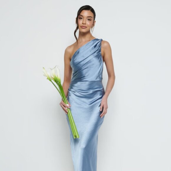 Pretty Lavish | Juliet Ruched Maxi Bridesmaid Dress in Dusty Blue - Picture 2 of 5
